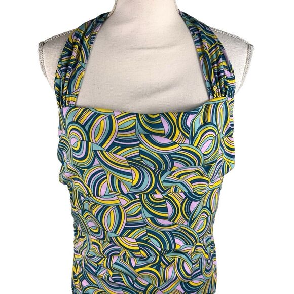BCBG Paris Halter Style Mini Dress Large Retro Ruched Sides Party Festival - Picture 2 of 11